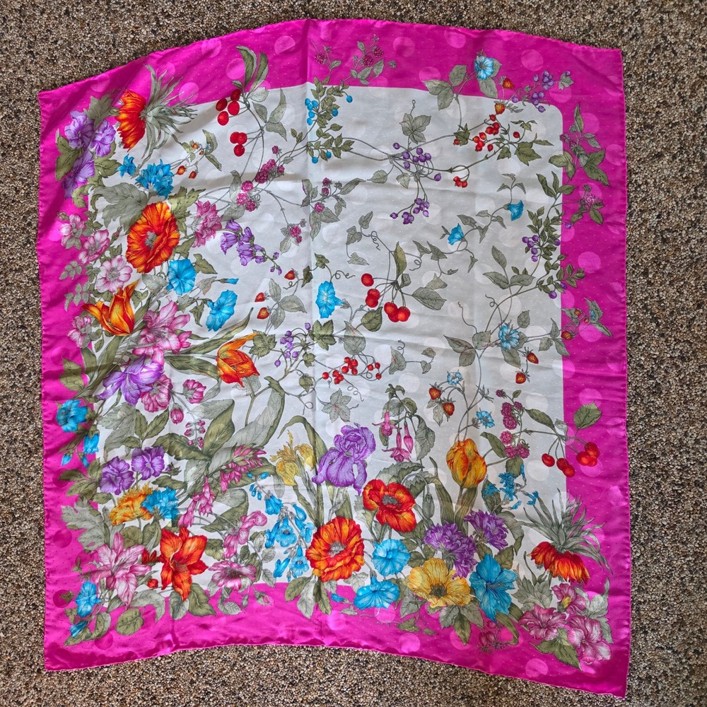 Liberty of London Silk Scarf Floral Botanical Fuchsia Pink Made in Italy Square